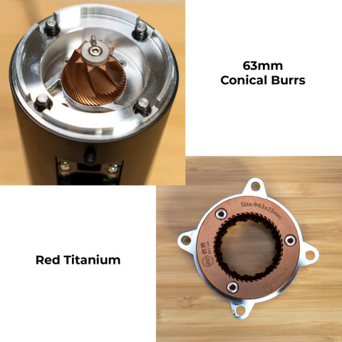 Solid Single Dose Coffee Grinder Featuring 63Mm Red Titanium Conical Burrs And Plasma Ionizer showing internal 63mm conical burrs.