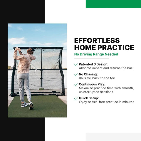 Golfer using Pro Series 9x9 Golf Net With Auto Ball Return in backyard, showcasing easy setup and durable frame for home practice.