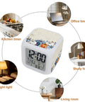 Real Deal Cube Digital Alarm Clock Straight Up Showcasing A Fresh Seven Color Led Night Light With Chill Thanksgiving Pumpkin Vibes Plus Handy Snooze Feature And Time Date Temp Readout For Desk displayed in various settings.