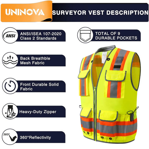 Surveyor Safety Vest With Reflective Strips ANSI Class 2 High Visibility Construction Work Vest With Pockets Zipper Breathable Mesh