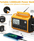 Emergency Radio With NOAA Alerts 12000mAh Portable Solar Crank Battery Powered AM FM Shortwave USB C Charger with display