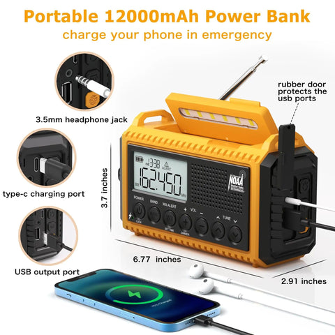 Emergency Radio With NOAA Alerts 12000mAh Portable Solar Crank Battery Powered AM FM Shortwave USB C Charger with display