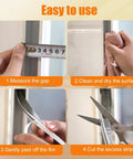 Grey self-adhesive weather stripping for doors/windows, 0.35 x 0.35 in, 39.4 ft; installation steps shown.