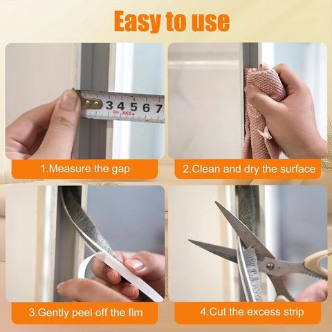 Grey self-adhesive weather stripping for doors/windows, 0.35 x 0.35 in, 39.4 ft; installation steps shown.