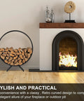 Interior view with a stylish firewood rack in a modern living room setting, firewood neatly stacked beside a fireplace.