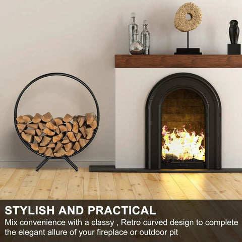 Interior view with a stylish firewood rack in a modern living room setting, firewood neatly stacked beside a fireplace.