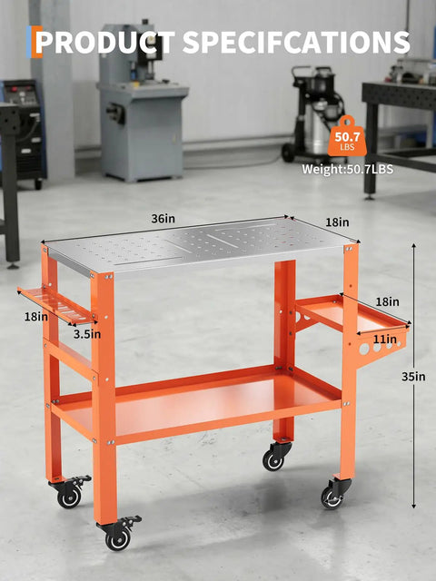 Robust Mobile Welding Workbench Featuring Perforated Steel Top And Easy Rollin Casters 36 Inch specifications with size measurements.