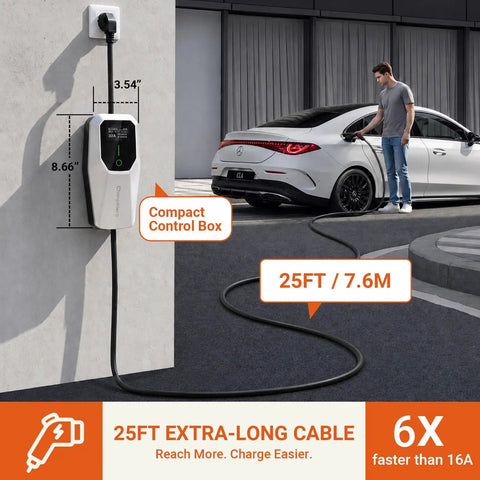 No Sweat Portable Level 1 And Level 2 EV Charger Delivers 32 Amp Boost Via J1772 Connector, 25ft cable, wall-mounted charger.