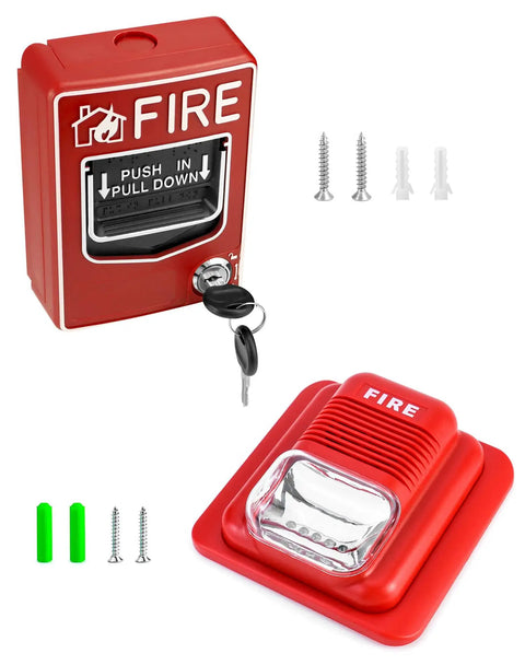 Wired Emergency Sound And Light Fire Alarm Station With 12 And 24V DC Power Strobe Siren Horn Dual Action Manual Call Point Panic Button And Key Lock Includes Two Keys Designed For Traditional Fire Alarm Systems, showing red pull station with keys and mounting hardware.