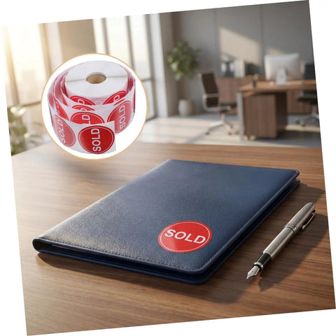 Red Sold Stickers Round Labels Self Adhesive High Visibility For Yard Sale And Warehouse Tags 500 Pack For Easy Pricing On Any Surface With A Pro Look, 2-inch paper label roll on desk
