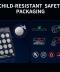 Child resistant safety packaging for Heavy Duty 24 Pack CR2032 Batteries 3V Lithium Coin Cells with usage instructions.