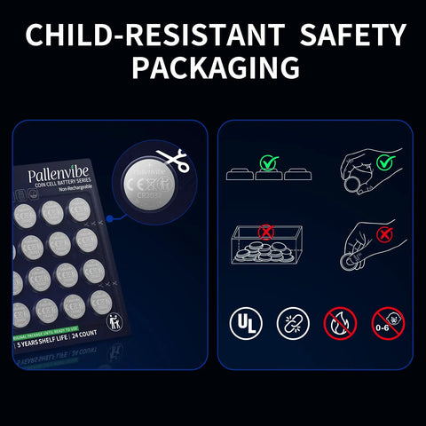 Child resistant safety packaging for Heavy Duty 24 Pack CR2032 Batteries 3V Lithium Coin Cells with usage instructions.