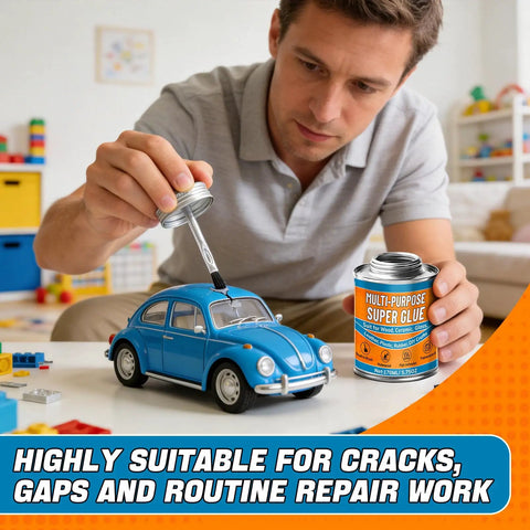 Person applying Heavy Duty Waterproof Super Glue Container With Built In Brush Applicator One Seventy Milliliter Size on model car.