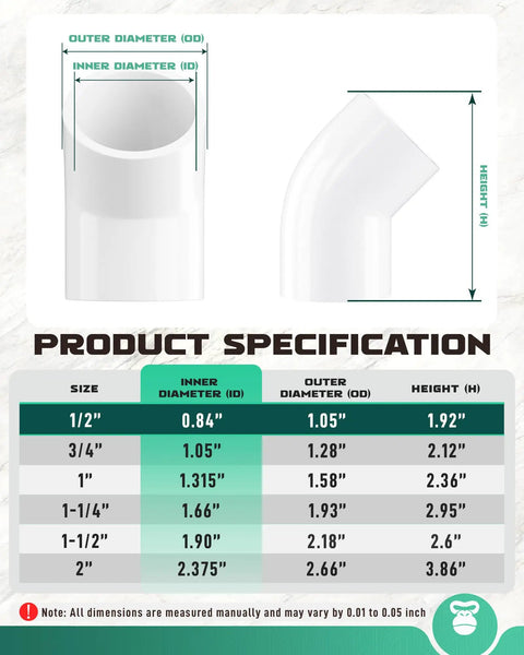 Diagram of 1/2 Inch PVC 45 Degree Elbow Fittings Socket To Socket Pack Of 20 with size, diameter, height details