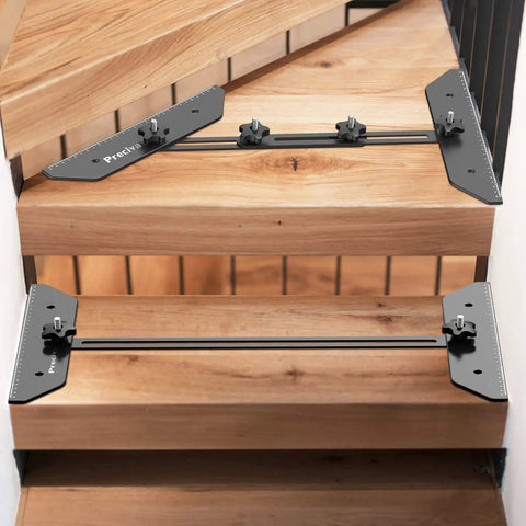 Stair Tread Template Tool for DIY Projects, Handy Adjustable Jig on wooden stairs, layout gauge extending across two steps