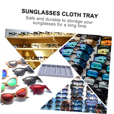 Keep Your Shades Locked And Loaded In This Slick Six Slot Sunglasses Tray And Jewelry Display Holder Crafted From Premium Soft Fabric For Zero Stress Eyewear Organization with various sunglasses and storage tray.