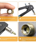 Hand holding a zinc plated flat head threaded insert nut for one side bolt anchoring in a rivet gun step-by-step guide.