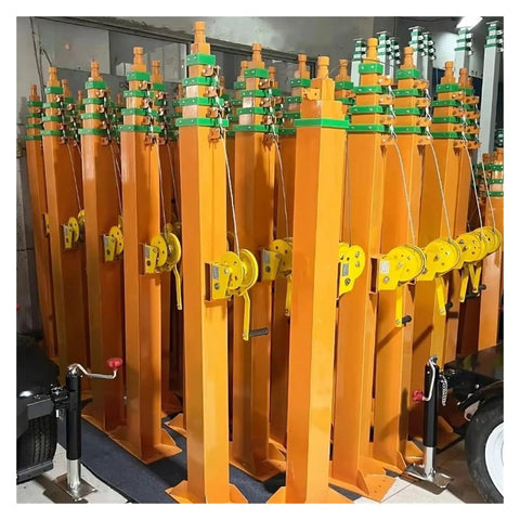 Heavy Duty 6 Meter Square Steel Telescopic Mast Boasting Smooth Manual Hand Crank Action displayed in storage arrangement.