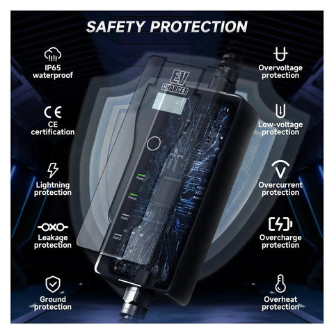 Portable EV Charger 3.5KW EVSE With 16A Adjustable Current Type 2 IEC62196-2 Plug And 10 Meter Cable features safety protection labels.