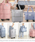 Three expandable rolling duffle bags with wheels showing multiple carrying options in pink, grey, and blue.
