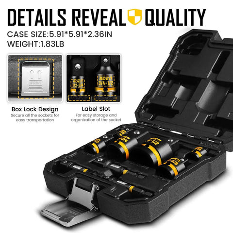 Versatile 9-Piece Impact Socket Adapter And Reducer Set For 1/4, 3/8, 1/2, And 3/4 Inch Drives in storage case