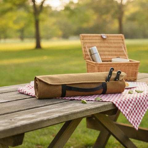 Canvas Knife Roll Bag With Handle For Travel And Camping on picnic table, 13 by 3.3 inches, tan with utensils, easy carry design