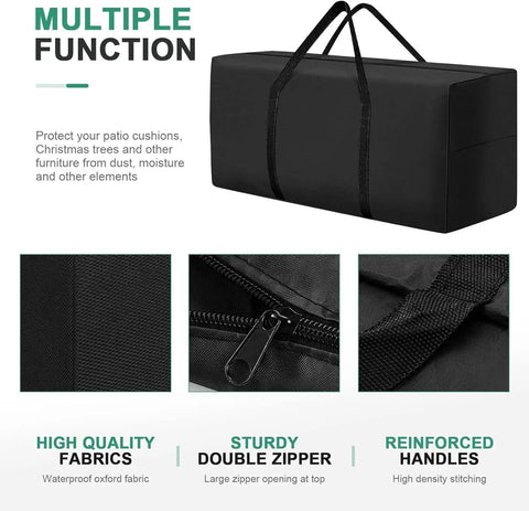Extra Large 68 Inch Outdoor Cushion Storage Bag For Patio Furniture All Weather Waterproof With Zipper And Handles Fits Cushions Up To 68 Inches Long, 29 Inches High, 20 Inches Wide Black, highlighting fabric quality, zipper, and handles.
