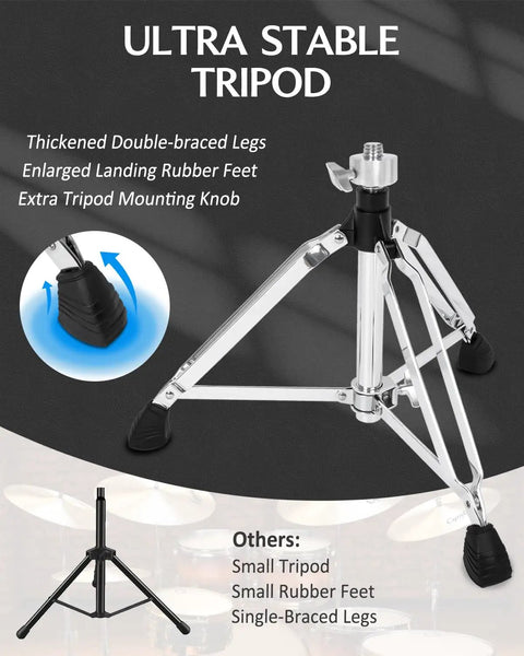 Ultra-stable tripod base of Saddle Drum Throne Seat With Swivel Adjustable Padded Drum Stool Heavy Duty Motorcycle Style
