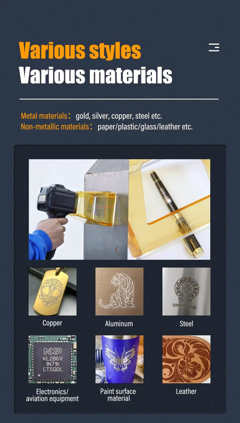Various metal and non-metal materials suitable for 30W Portable Fiber Laser Engraver Handheld Marker for Metal, 100x100mm Marking Area.