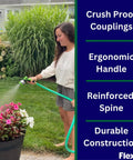 Woman watering plants with Five Eighth Inch By Fifty Foot Heavy Duty Five Ply Forever Garden Hose With Double Nylon Reinforcement