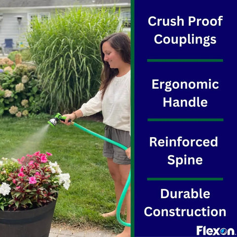 Woman watering plants with Five Eighth Inch By Fifty Foot Heavy Duty Five Ply Forever Garden Hose With Double Nylon Reinforcement