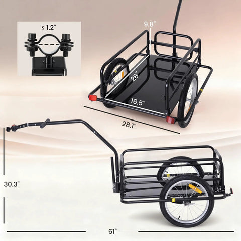 Foldable Bike Cargo Trailer With Hitch Tow-Behind Wagon, 88 Lb Capacity, Black Utility Cart dimensions with detachable walls