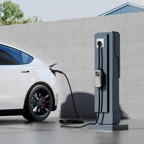 Road Trip Ready Portable EV Charger With 32 Amp Level Two Fast Charge Power Via 240 Volt NEMA 14-50 Socket For Tesla Models S X 3 Y And All NACS Rides, white Tesla charging.