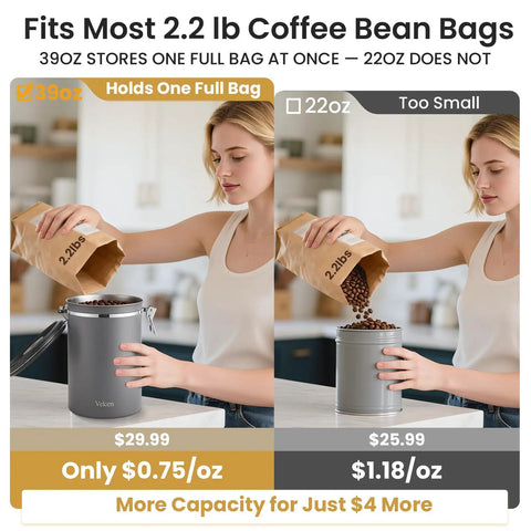 Airtight Stainless Steel Coffee Canister 39oz Large Storage Container For Coffee Beans beside smaller 22oz canister in kitchen.