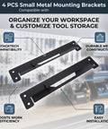 4 Pack Small Mounting Brackets For Toolbox And Box Mounts in black metal with highlighted features; garage setting background.