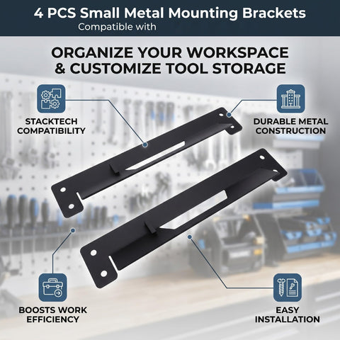 4 Pack Small Mounting Brackets For Toolbox And Box Mounts in black metal with highlighted features; garage setting background.