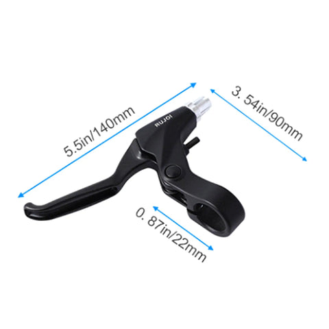 Black aluminum Bike Brake Lever Set For MTB Road And Folding Bikes with 5.5in length, fits 22.2mm handlebars visible.