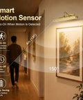 Premium Rechargeable Motion Sensor Picture Light Gold Wall Mounted Frame Illuminator showcasing motion detection features in home setting.