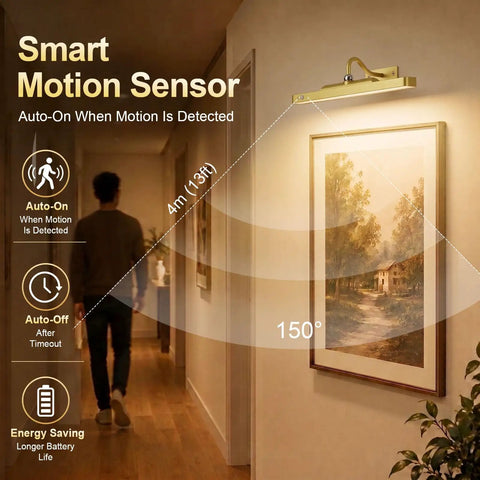 Premium Rechargeable Motion Sensor Picture Light Gold Wall Mounted Frame Illuminator showcasing motion detection features in home setting.