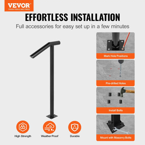 Installation guide for Rock Solid Heavy Duty Outside Step Railing With Matte Black Powder Coat Finish and 330 Lbs Load Rating.