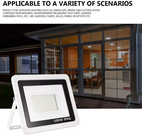 JUDYSSY Solar Flood Lights Led Floodlight 100W shown next to a modern glass door, ideal for outdoor lighting in various settings.