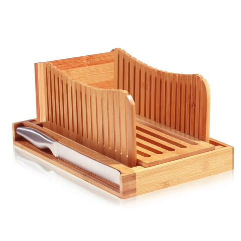 Dope Adjustable Bamboo Bread Slicer With Foldable Slicing Guide And Crumb Tray with knife shown on wooden tray