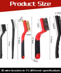Five wire brushes with various bristles and curved handles from 30 Piece Wire Brush Set With Nylon Stainless Steel And Brass Bristles And Curved Handles For Rust Paint Grout And Dirt Removal Your Go To Handy Kit For Big Time Cleaning Jobs, showing product size specifications.