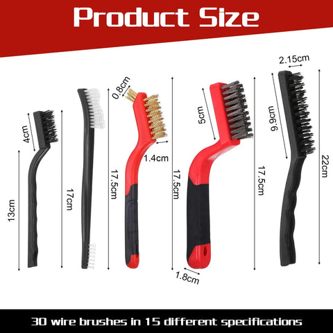 Five wire brushes with various bristles and curved handles from 30 Piece Wire Brush Set With Nylon Stainless Steel And Brass Bristles And Curved Handles For Rust Paint Grout And Dirt Removal Your Go To Handy Kit For Big Time Cleaning Jobs, showing product size specifications.