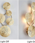 Lux Lotus Leaf Wall Sconce Night Light With Gold Finish, modern flush mount, dual view showing light off and on, chic decor.