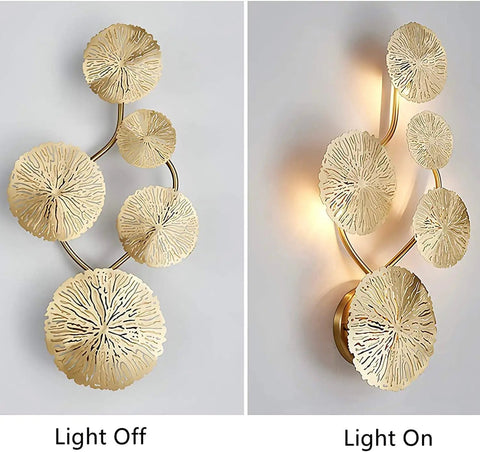Lux Lotus Leaf Wall Sconce Night Light With Gold Finish, modern flush mount, dual view showing light off and on, chic decor.