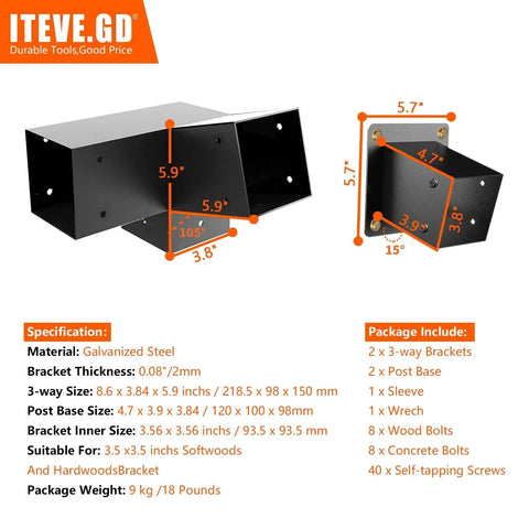 15 Degree Slanted Roof Pergola Brackets Kit, 3 Way Right Angled Corner Brackets With Wall Mount Post Base For 4x4 Posts, Outdoor Pergolas Gazebos Porches, Heavy Duty Steel, Black Galvanized Matte Finish, Built Tough, 4 Pack