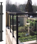Top Shelf Black Glass Railing Post For Outdoor Stairs Decks Built Like A Tank Stainless Steel Clamps Grip Tight Without Drilling Five Feet Tall Balustrade Hardware beside a glass railing installation.