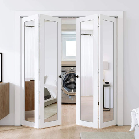 Mirror Bifold Closet Doors Set With Sliding Hardware Kit For 72 Inch Wide By 80 Inch High, Two 18 Inch Panels, White MDF Frame