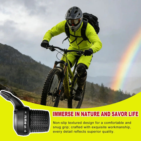 Cyclist on mountain bike with 18 Speed MTB Shifter Set Left And Right Twist Shifters with Gear Cables and Non Slip Rubber Grips